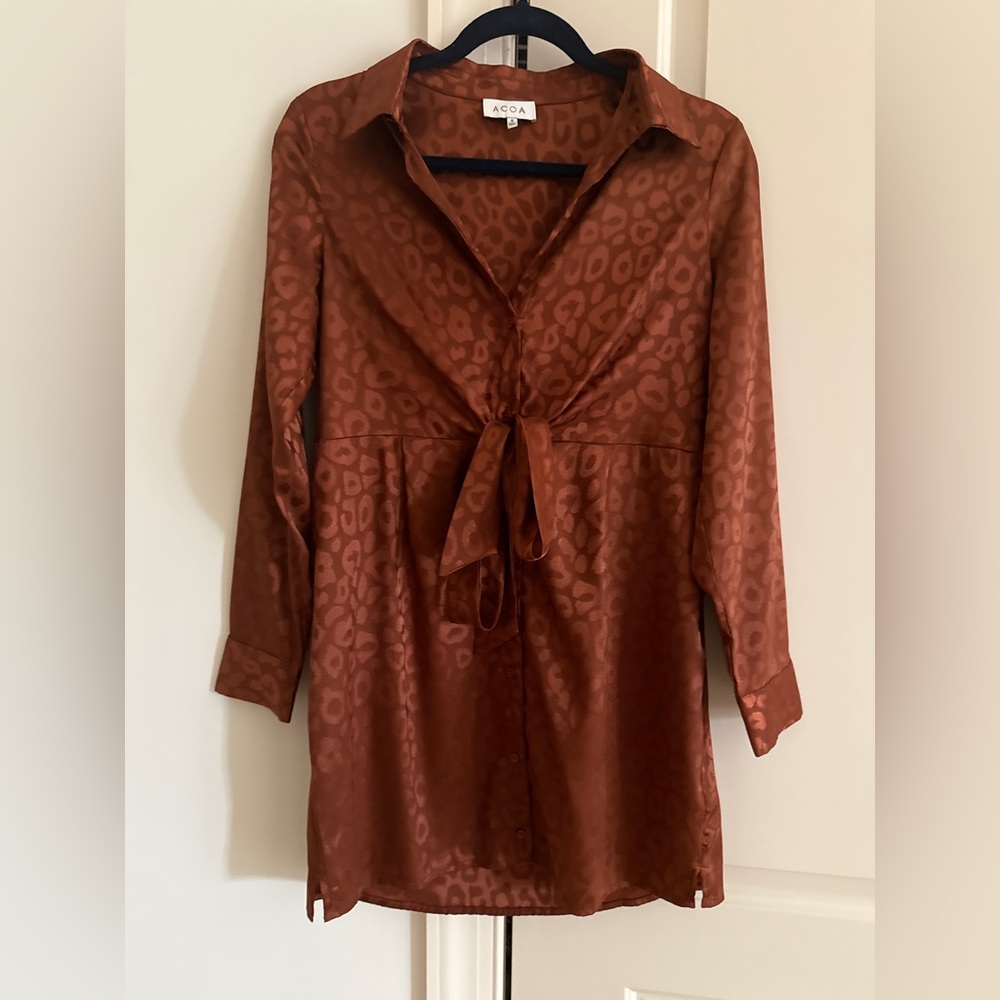 Acoa satin burnt orange Leopard Print Mini Dress with long sleeves Size Medium